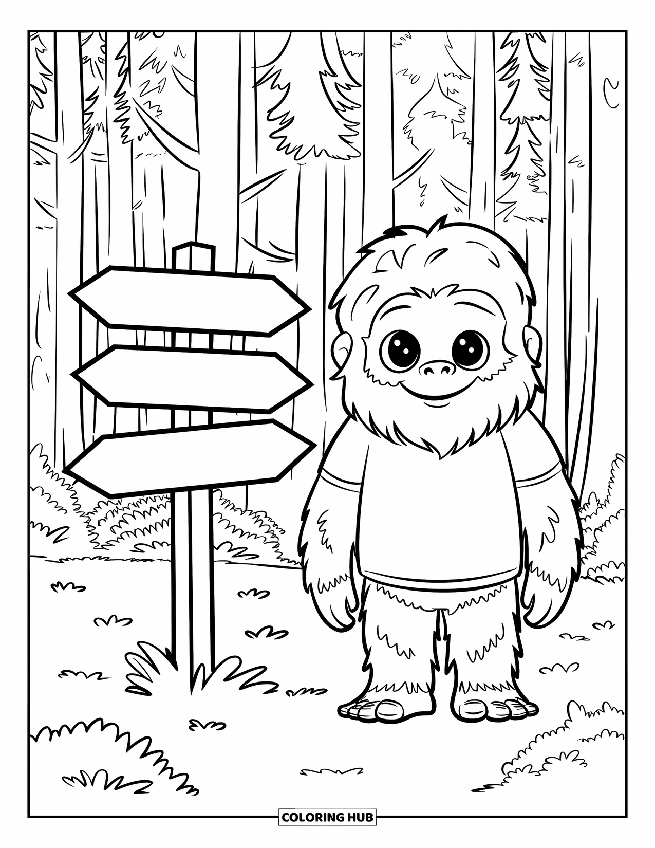 Bigfoot Coloring Page for Kids: Bigfoot stands near arrows pointing in different forest directions