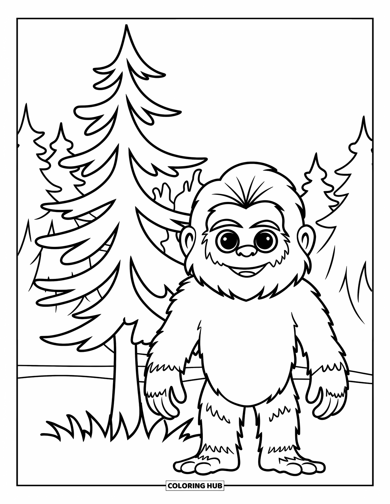 Bigfoot Coloring Page for Kids: Bigfoot stands next to a tall pine tree in the forest