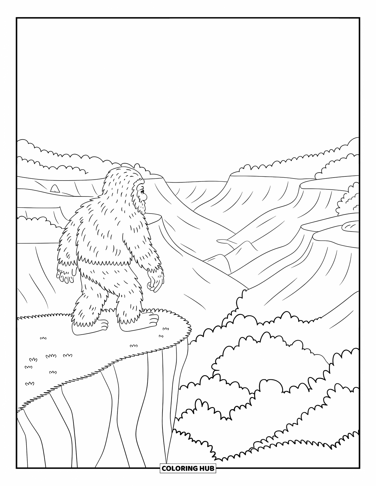 Bigfoot Coloring Page for Kids: Bigfoot stands on a cliff, looking out over a peaceful valley