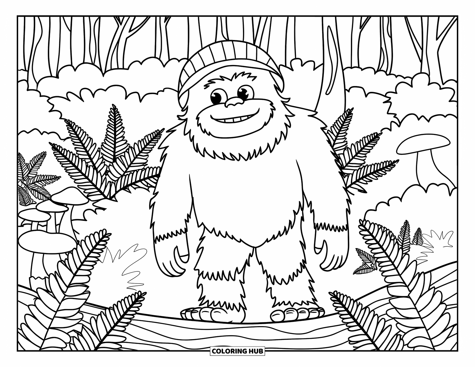 Bigfoot Coloring Page for Kids: Bigfoot stands on a log near mushrooms in a forest clearing