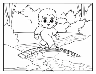 Ζωγραφιά με Bigfoot για παιδιά: Ο Bigfoot διασχίζει γέφυρα σε δάσος με διαυγή νερά από κάτω