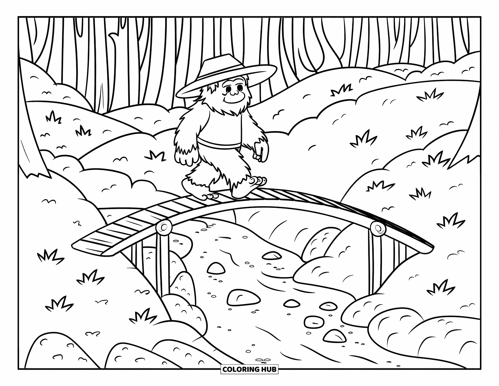 Bigfoot Coloring Page for Kids: Bigfoot walks across a bridge in rocky forest with flowing stream