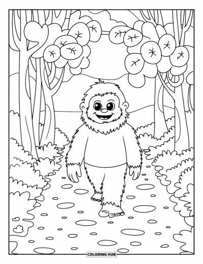 Ζωγραφιά με Bigfoot για παιδιά: Ο Bigfoot περπατά χαρούμενος σε μονοπάτι δάσους με μεγάλα φύλλα
