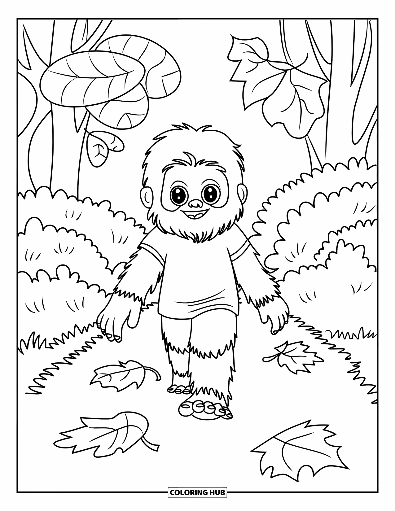 Bigfoot Coloring Page for Kids: Bigfoot walks on a leaf-covered path in a forest of tall trees