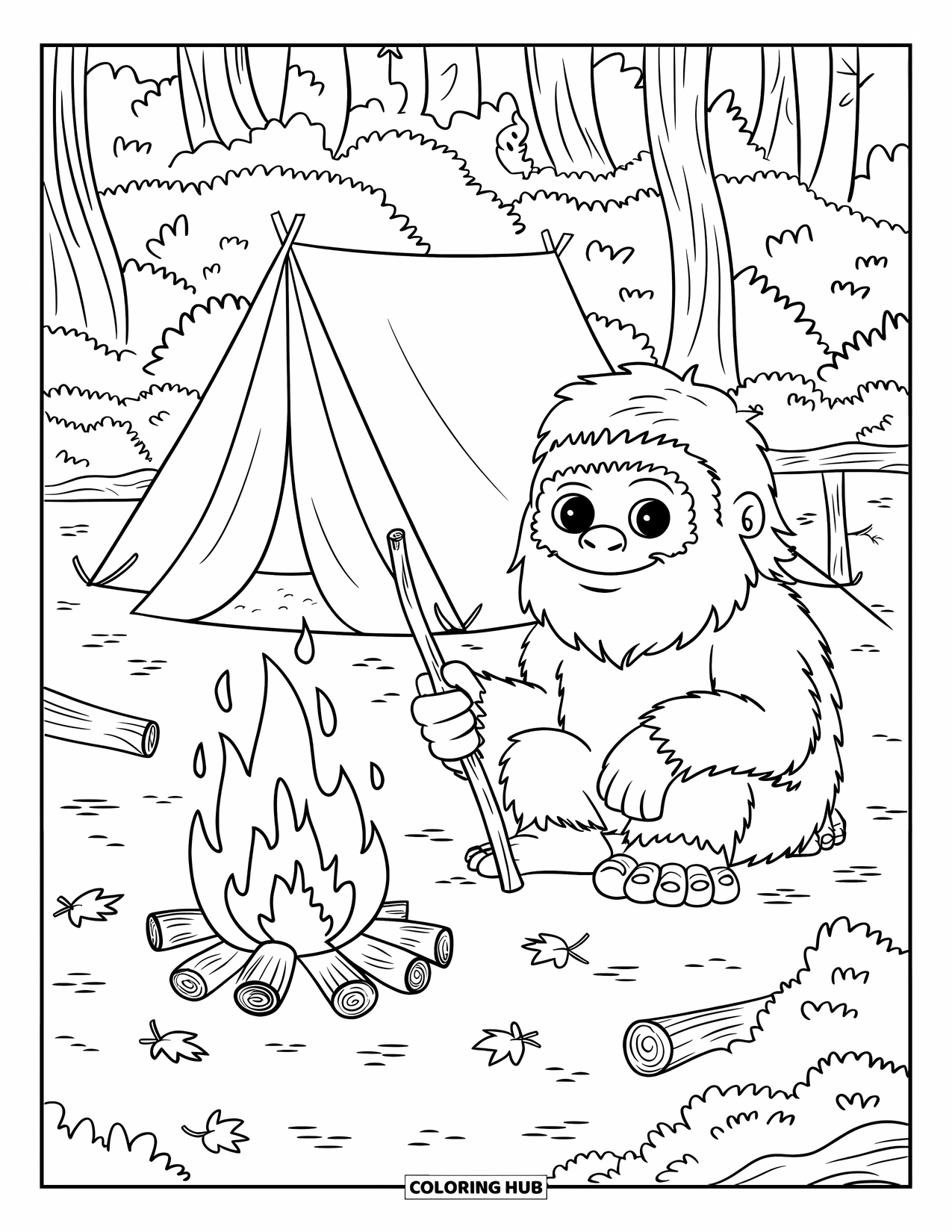 Bigfoot Coloring Page for Kids: Bigfoot warms up by a campfire with a tent and forest around