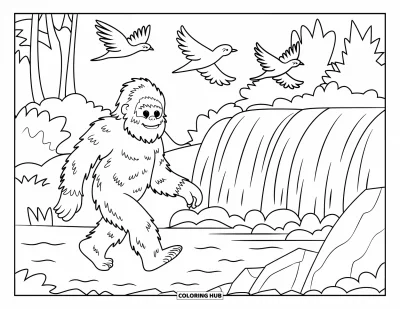 Ζωγραφιά με Bigfoot για παιδιά: Ο Bigfoot με σακίδιο περπατά κοντά σε καταρράκτη μέσα στο δάσος