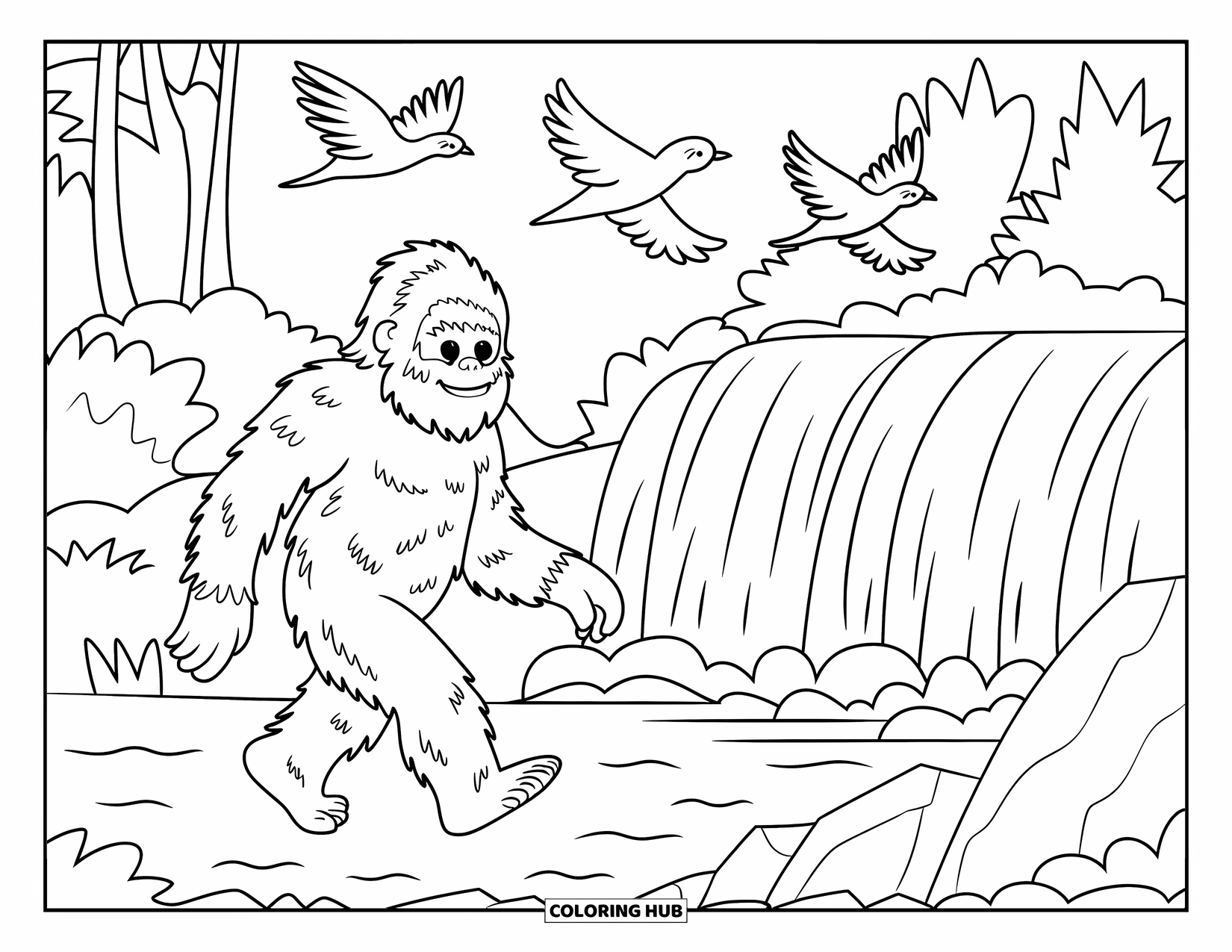 Bigfoot Coloring Page for Kids: Bigfoot with a backpack walks near a forest waterfall