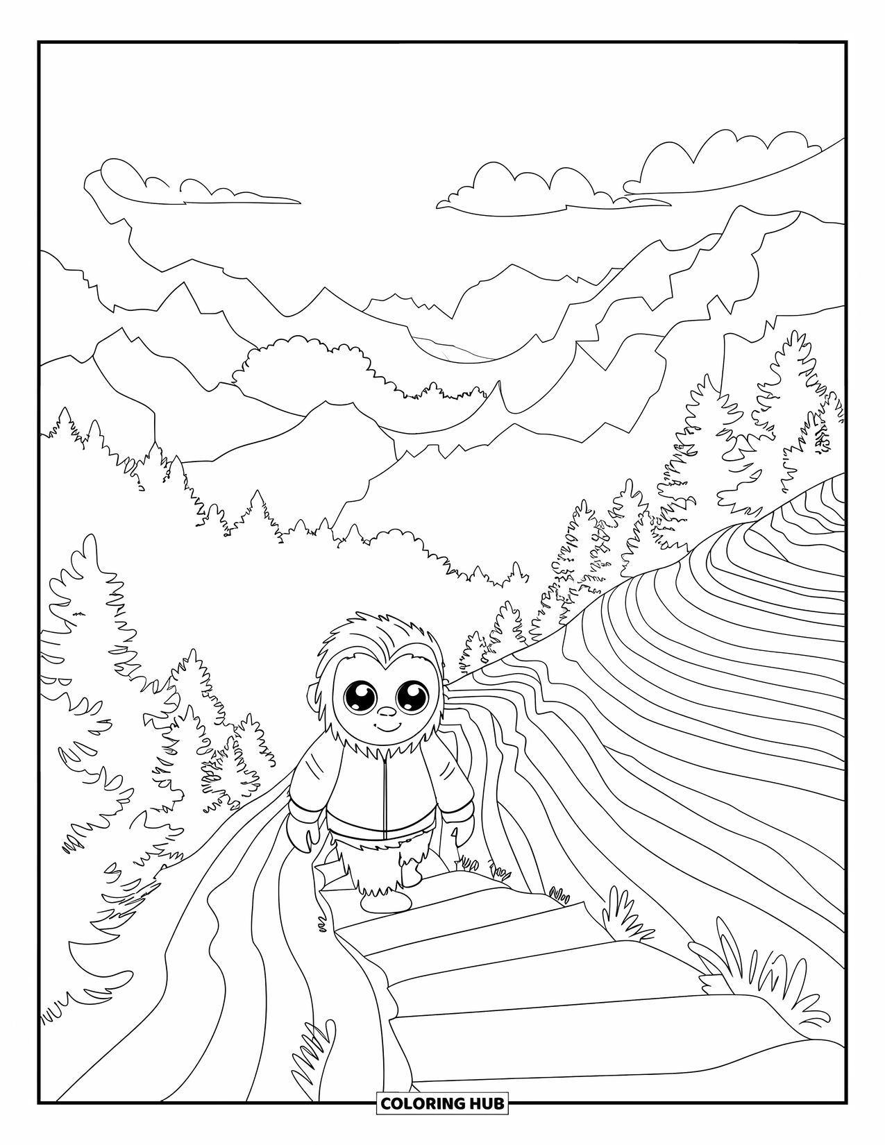 Bigfoot Coloring Page for Kids: Bigfoot with big eyes hikes through foggy trees and misty mountains