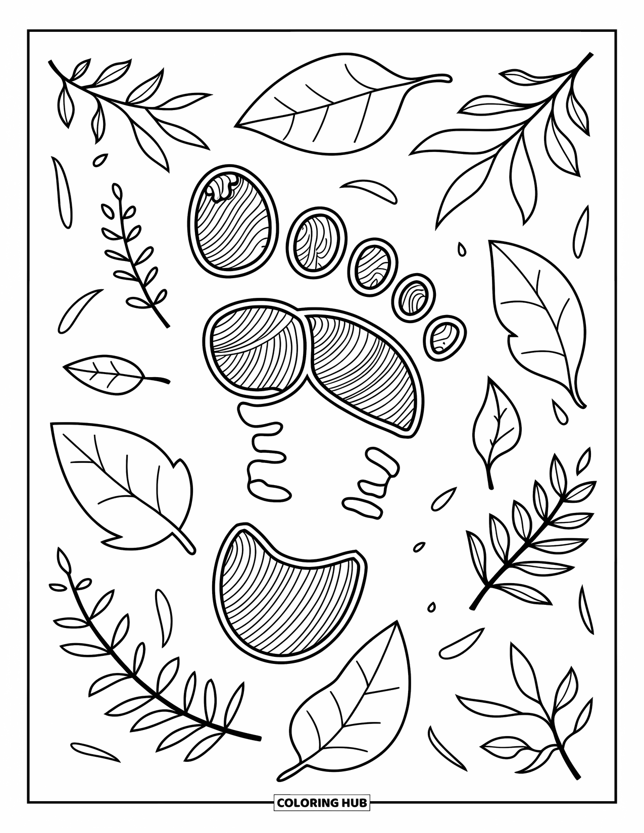 Bigfoot Coloring Page for Kids: Bigfoot's footprint is outlined with leaves, twigs, and trail signs
