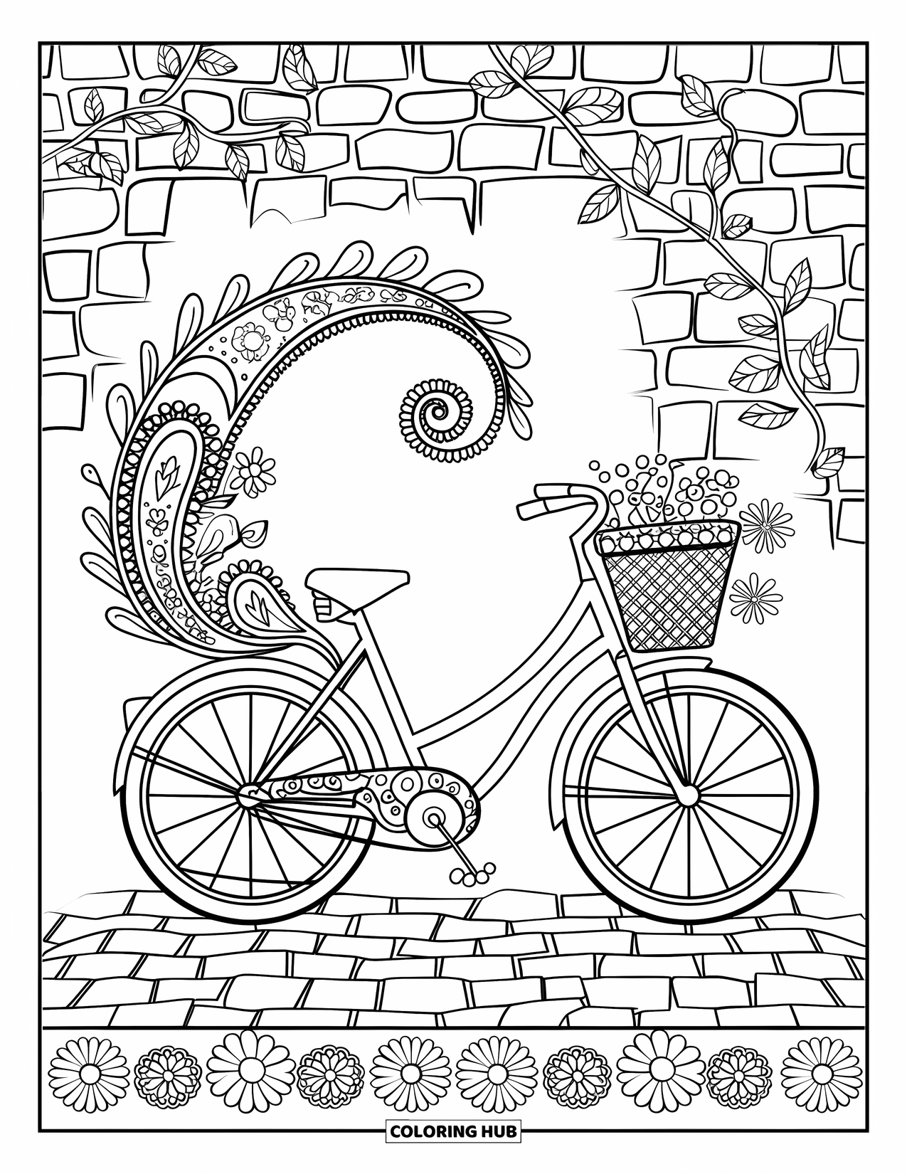 Bike Coloring Page for Adults: A bicycle on a cobblestone path surrounded by swirling paisley and floral doodles
