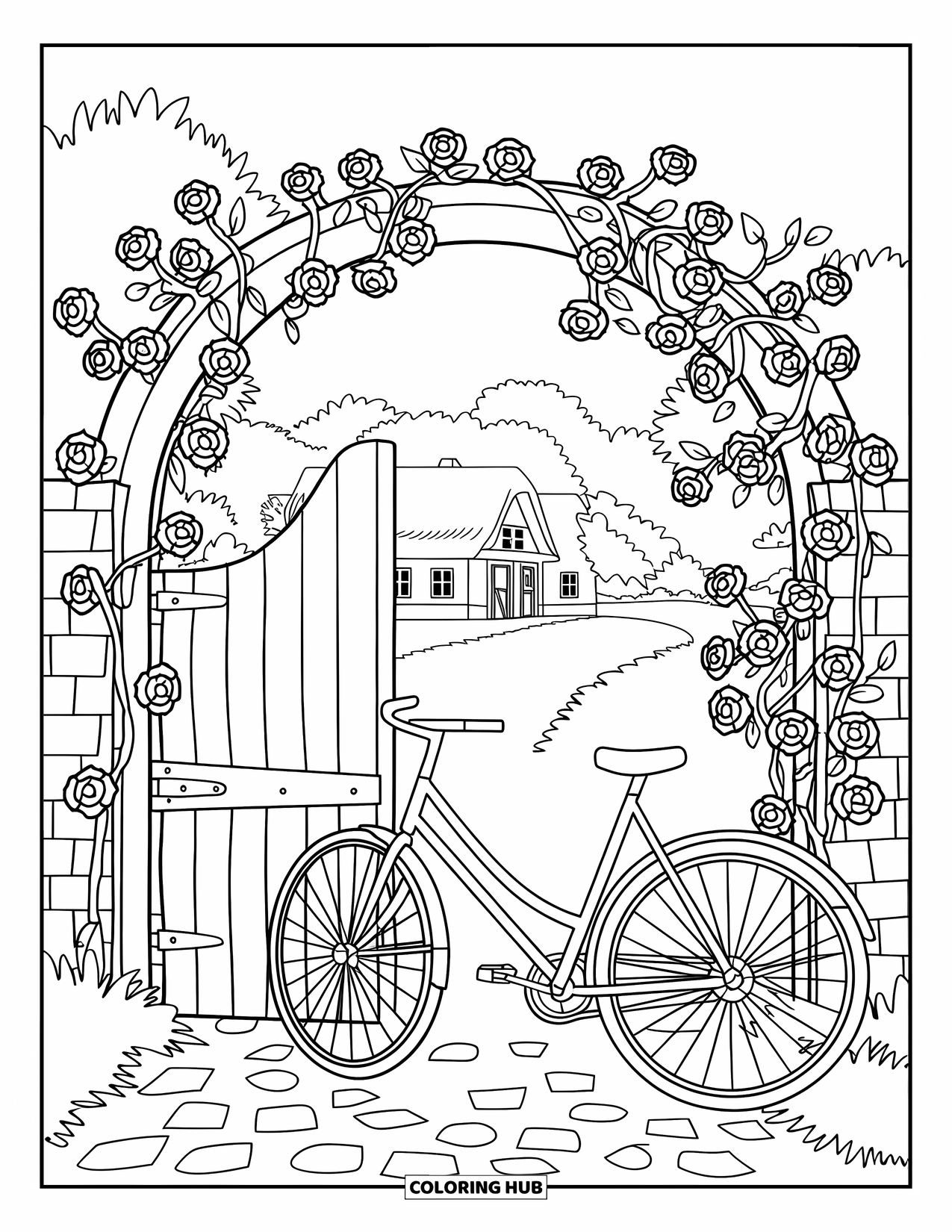 Bike Coloring Page for Adults: A bike by a wooden gate with roses, cobblestone path, and a cottage