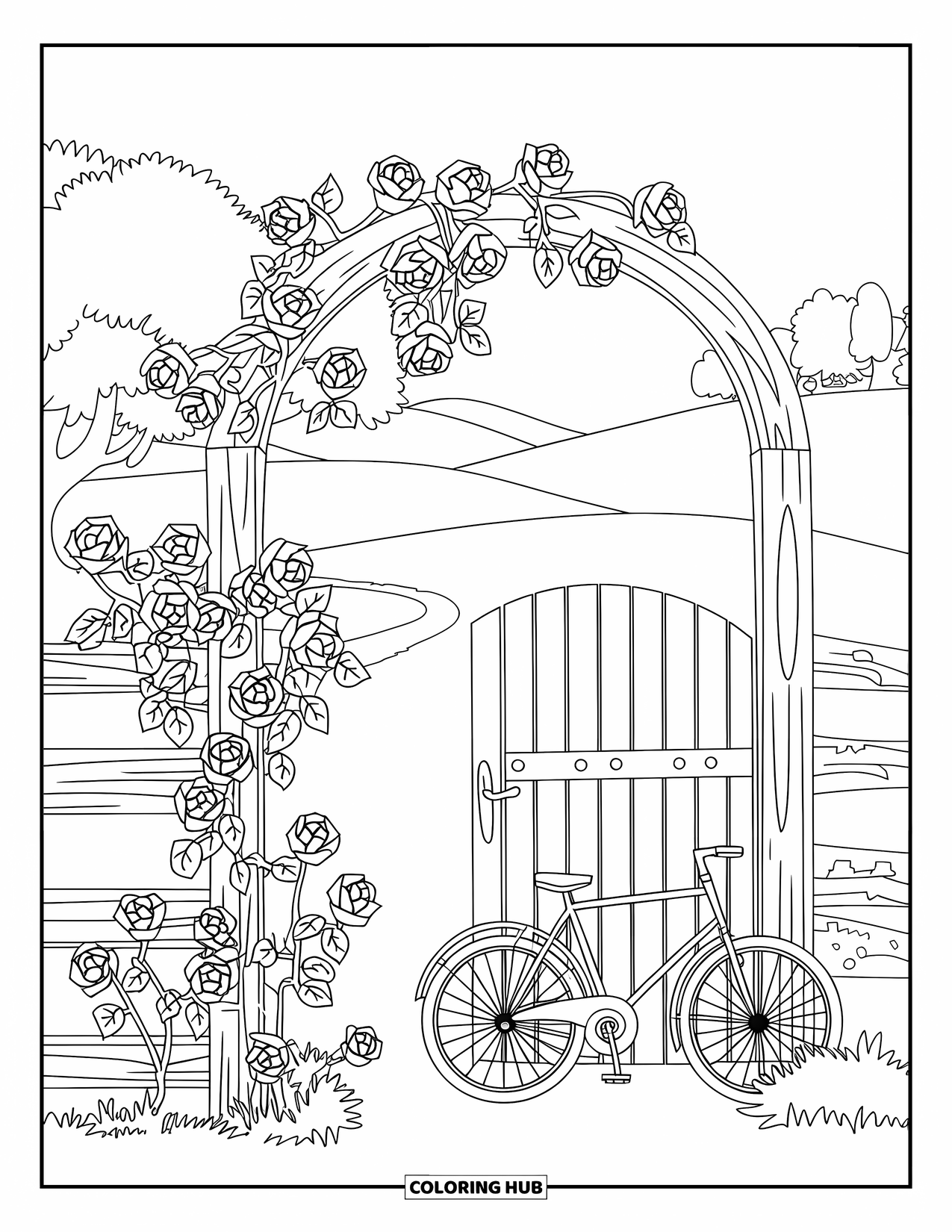 Bike Coloring Page for Adults: A bike leaning against a rustic wooden gate with climbing roses and hills