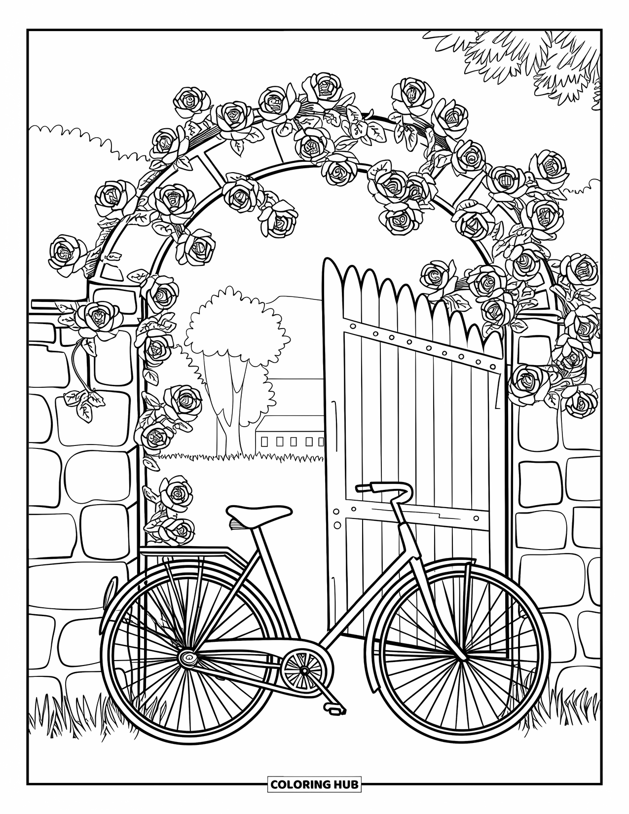 Bike Coloring Page for Adults: A bike leaning on a rustic gate with roses, stone wall, trees, and building