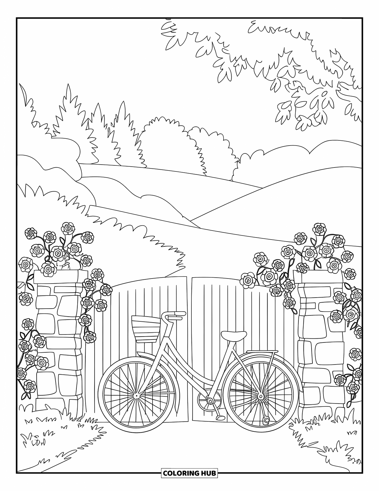 Bike Coloring Page for Adults: A bike leaning on a wooden gate with roses between stone pillars and hills
