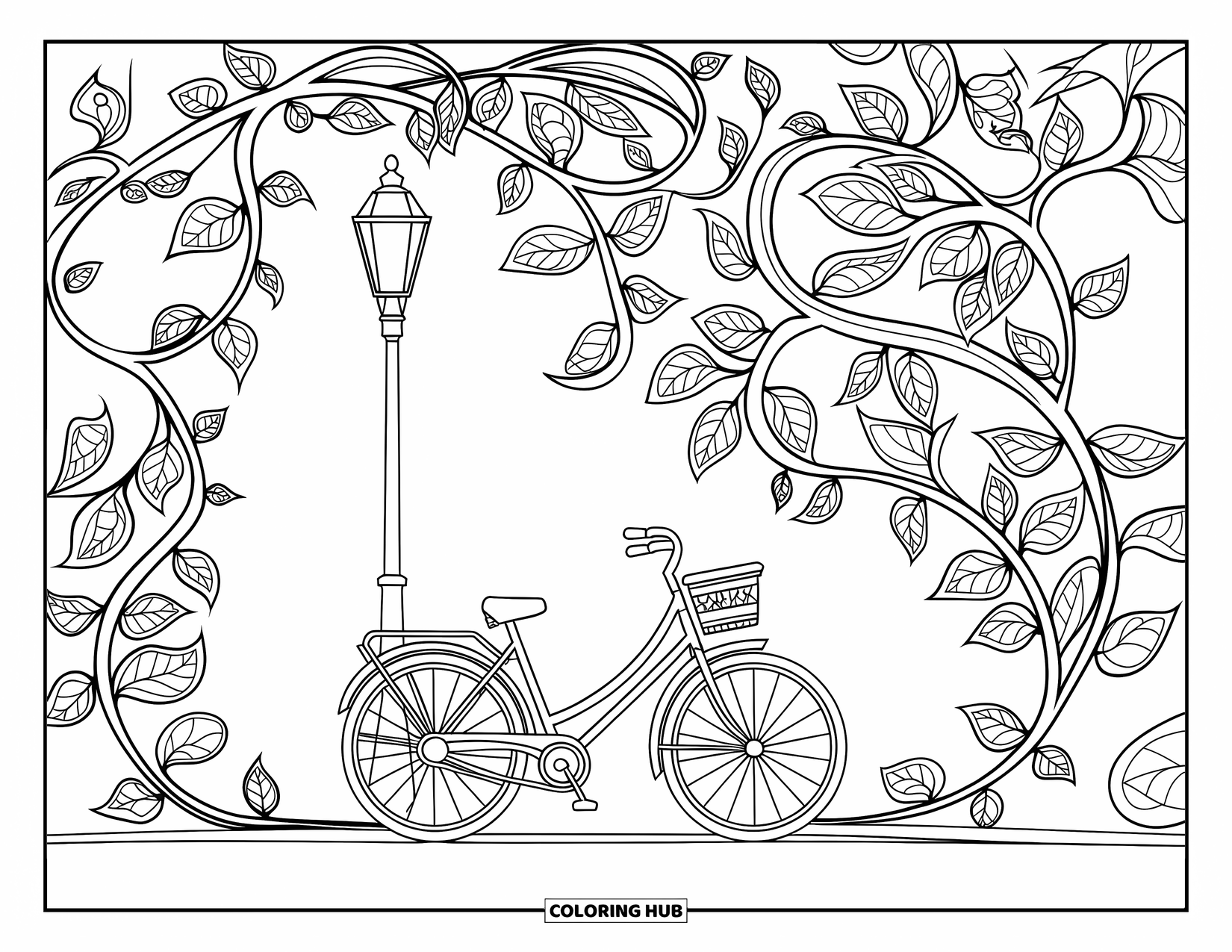 Bike Coloring Page for Adults: A bike with a basket under an old streetlamp wrapped in swirling vines