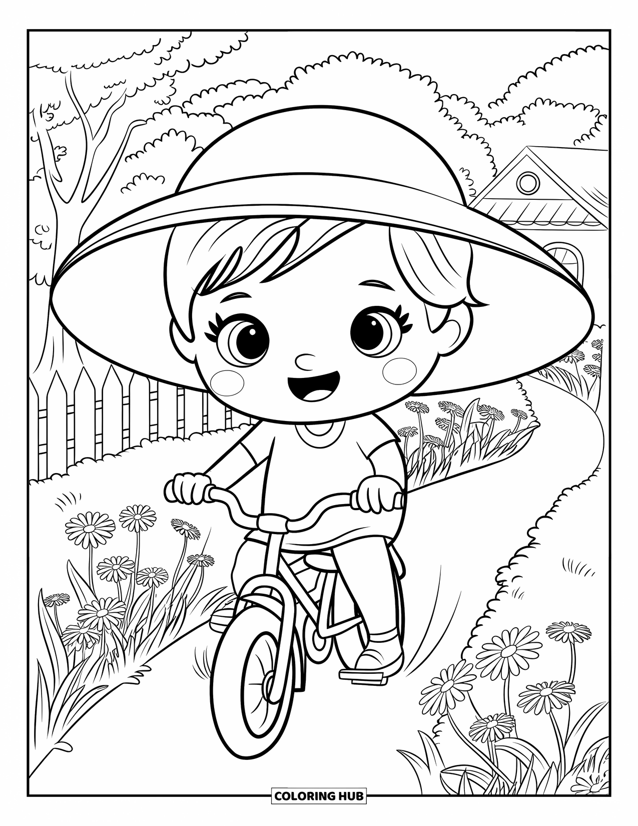 Bike Coloring Page for Adults: A cheerful child in a floppy hat rides a small bike past daisies and a house