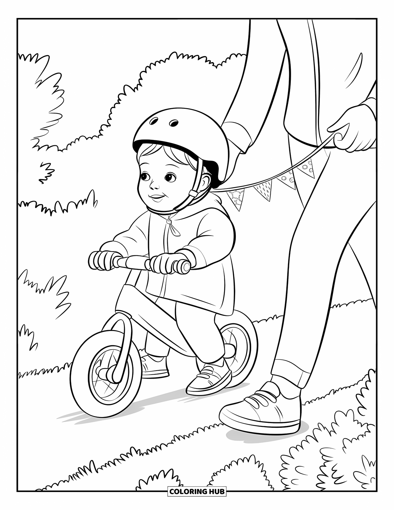 Bike Coloring Page for Adults: A child in a helmet rides a balance bike with a parent and garden greenery