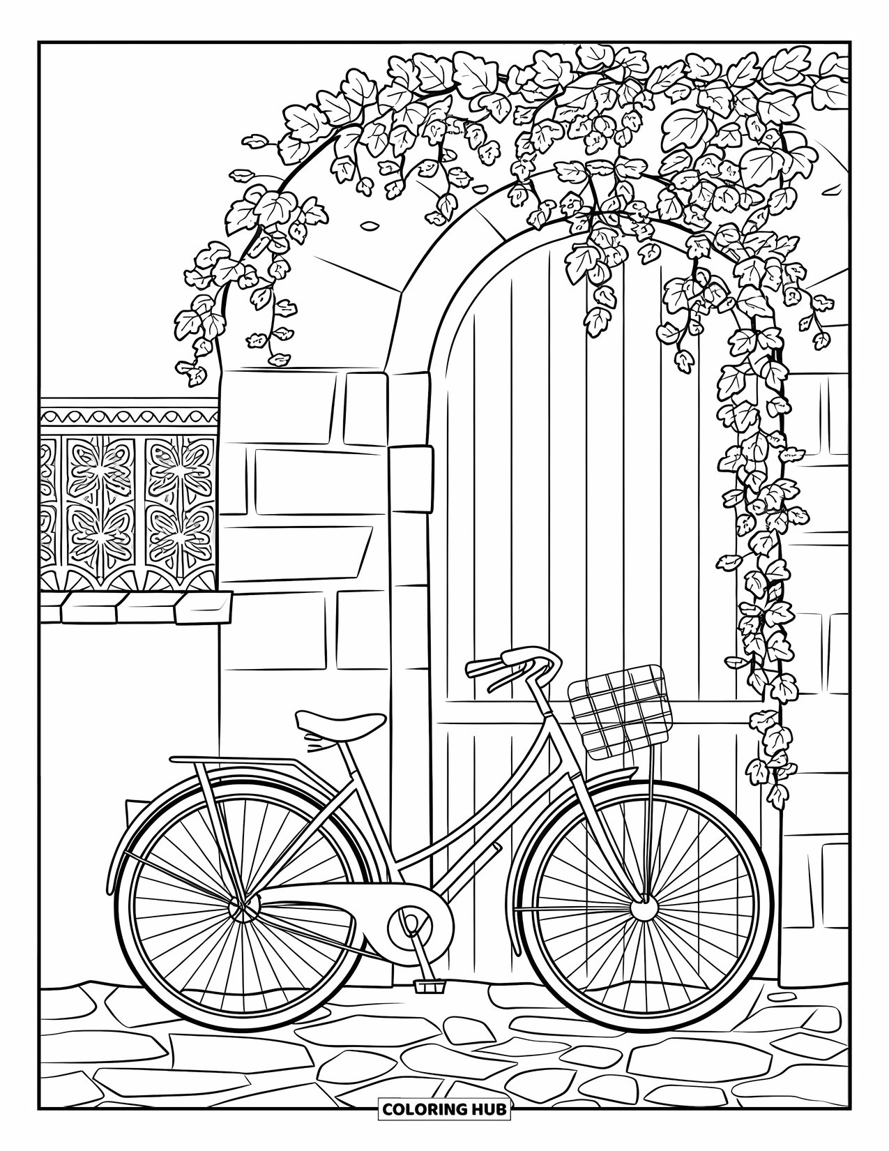 Bike Coloring Page for Adults: A classic bike with basket and bell parked by an arched garden gate with ivy