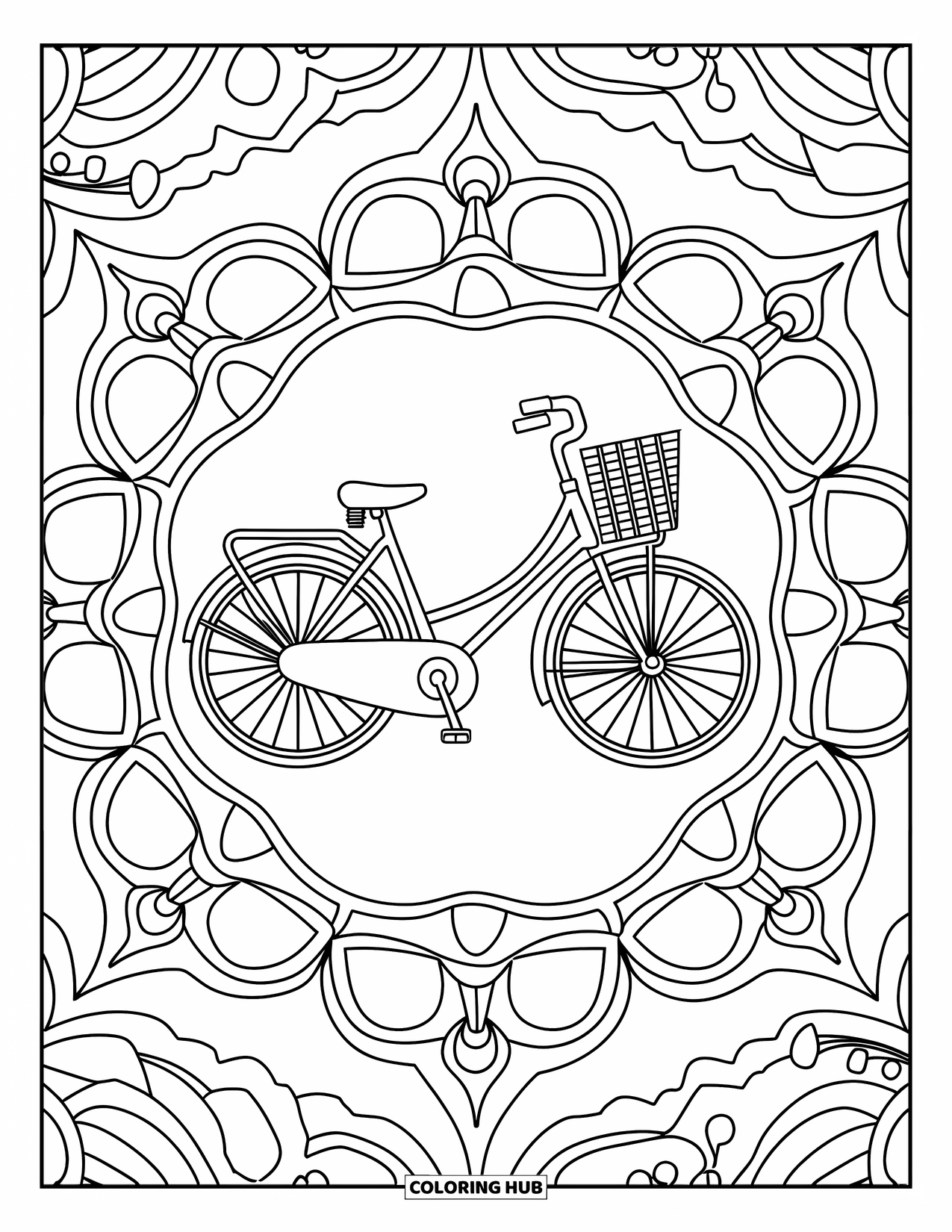 Bike Coloring Page for Adults: A classic bike with basket and chain at the center of a swirling mandala pattern