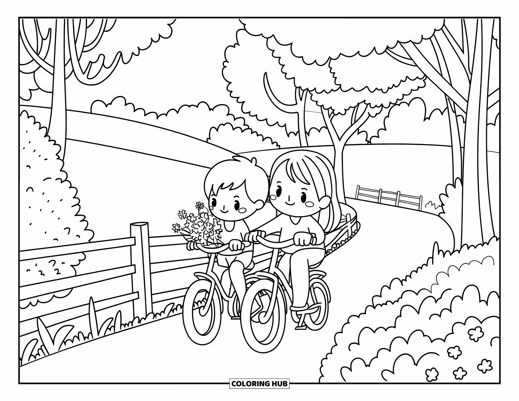 Bike Coloring Page for Adults: A couple cycles slowly down a country lane with wildflowers