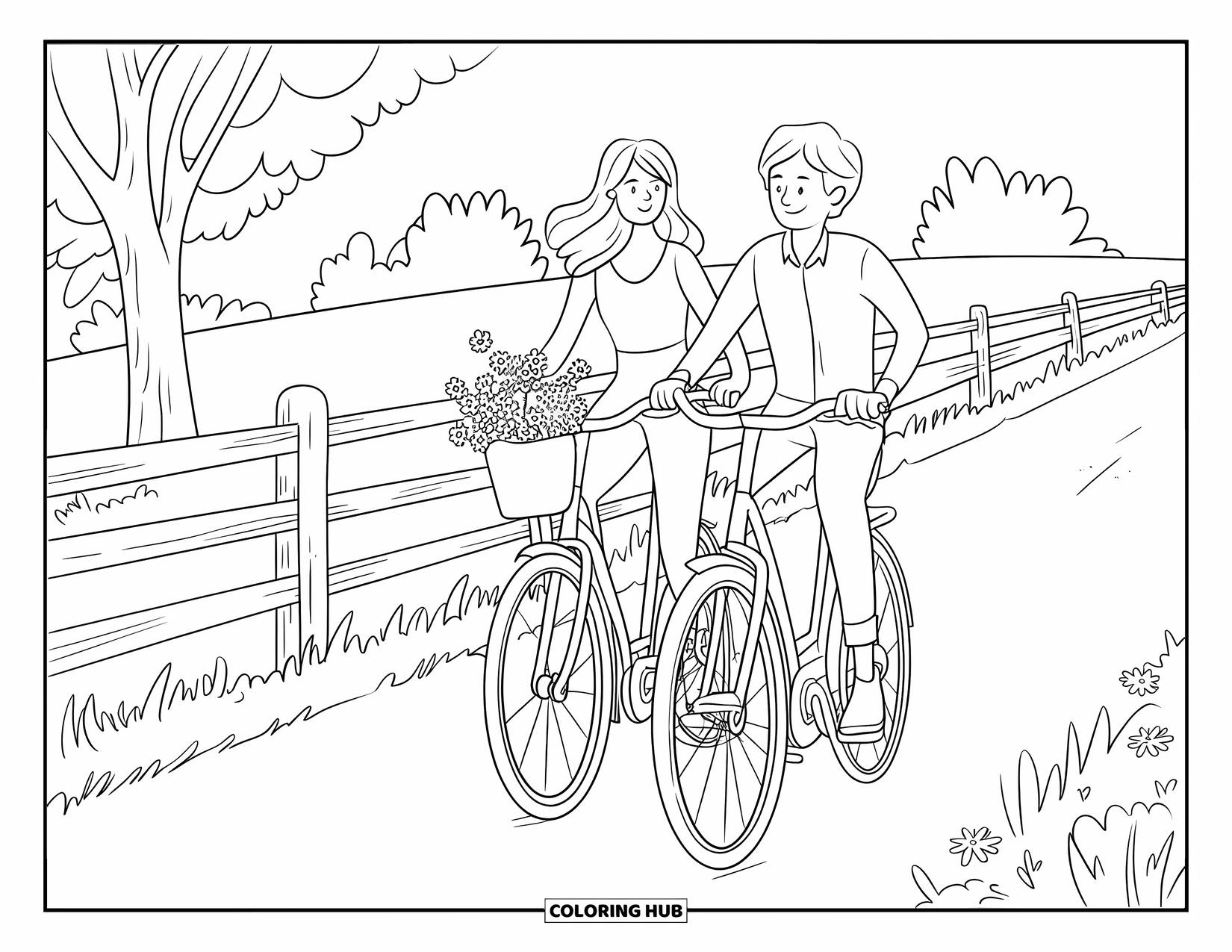 Bike Coloring Page for Adults: A couple pedals down a country lane lined with a wooden fence