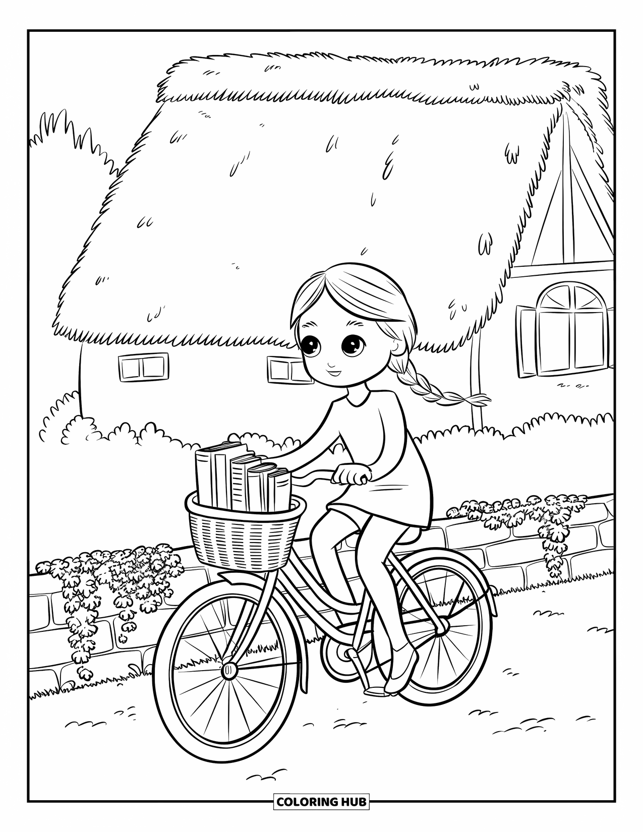 Bike Coloring Page for Adults: A girl with braided hair rides a bike past ivy on a stone wall and a cottage