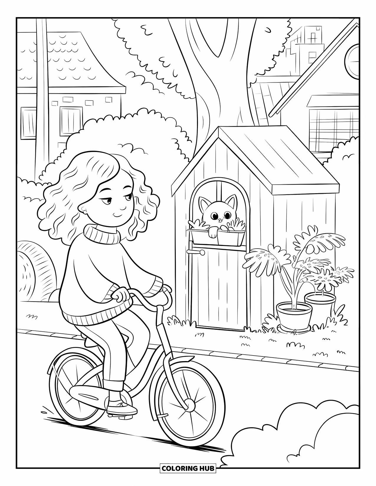 Bike Coloring Page for Adults: A girl with curly hair rides a cruiser bike past a shed while a kitten peeks out