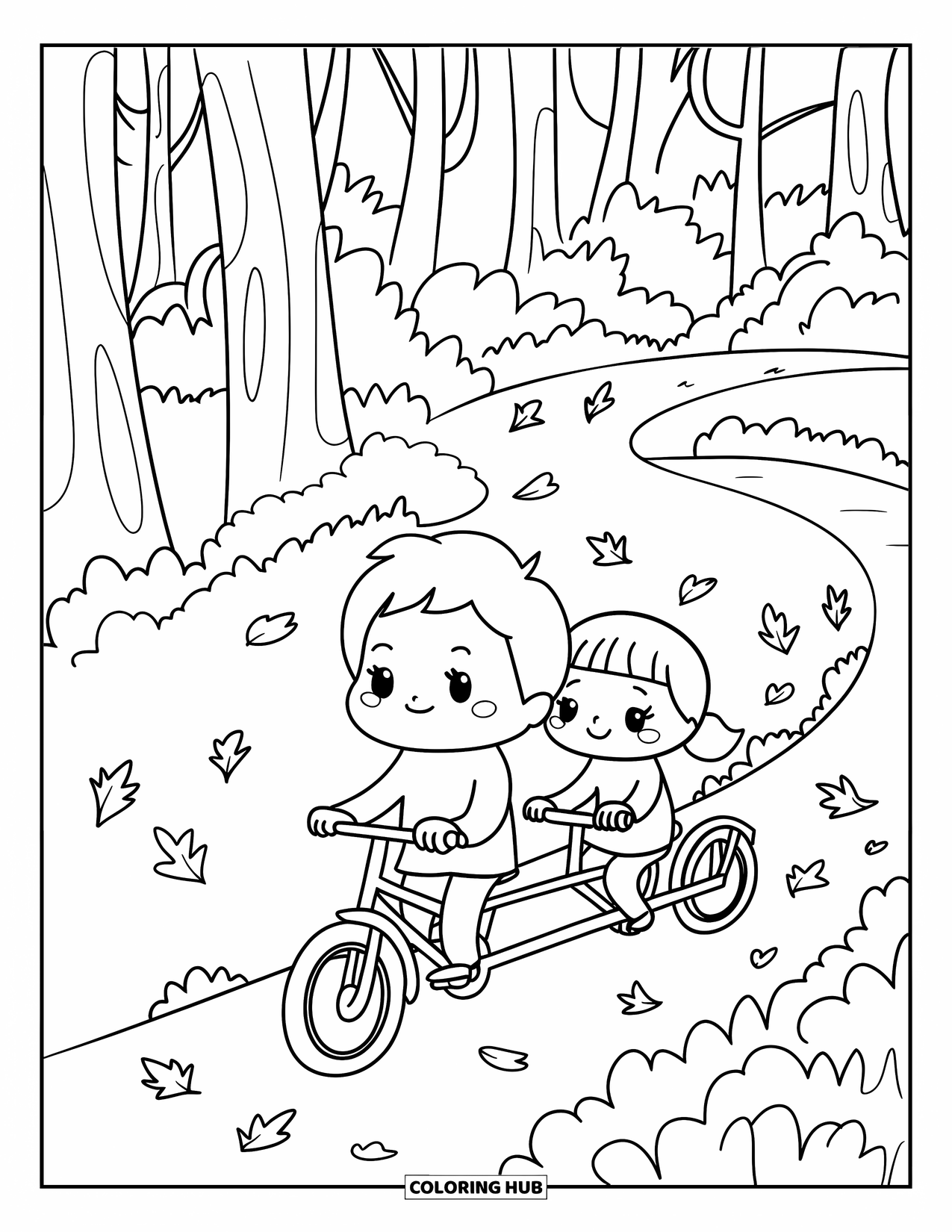 Bike Coloring Page for Adults: A grandparent and child ride a tandem bike on a forest trail with playful leaves