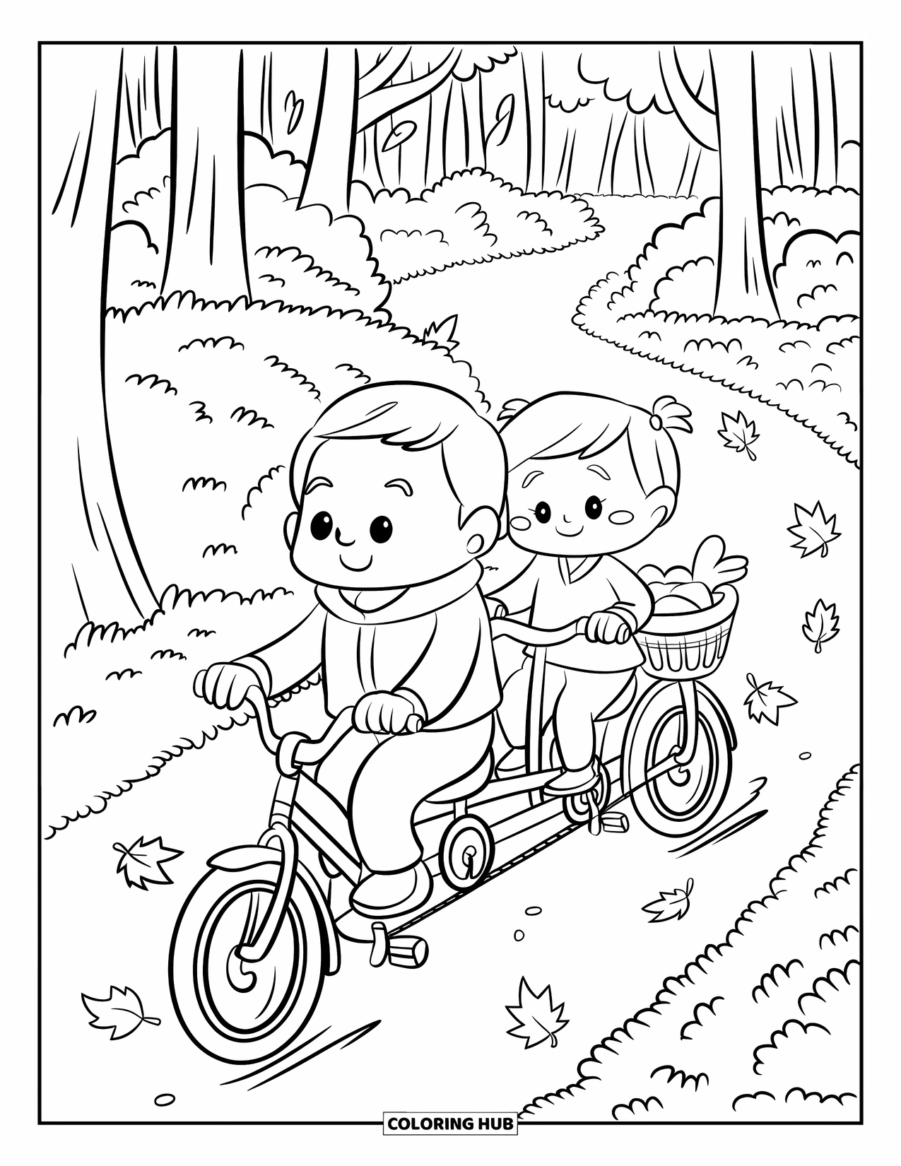 Bike Coloring Page for Adults: A grandparent and child ride a tandem bike past trees and cute animals