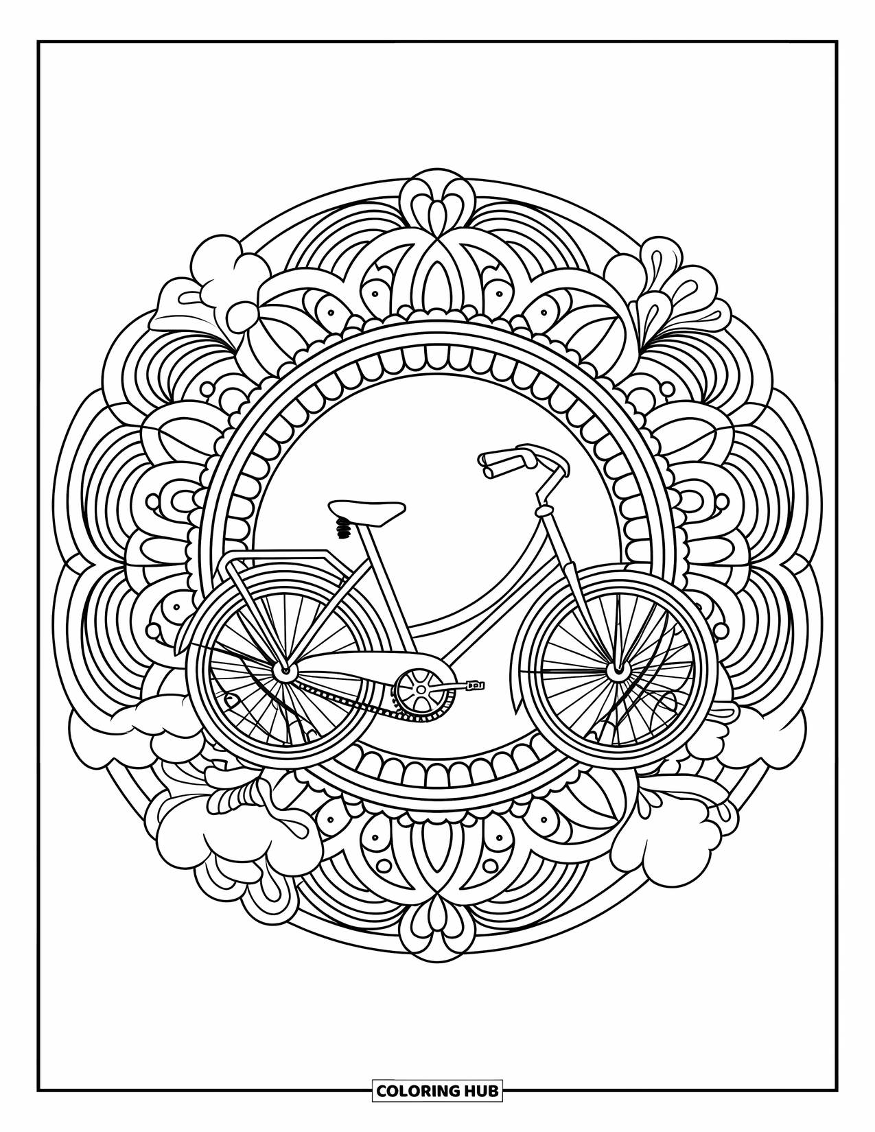Bike Coloring Page for Adults: A mandala filled with swirls and patterns featuring a classic bike in the center