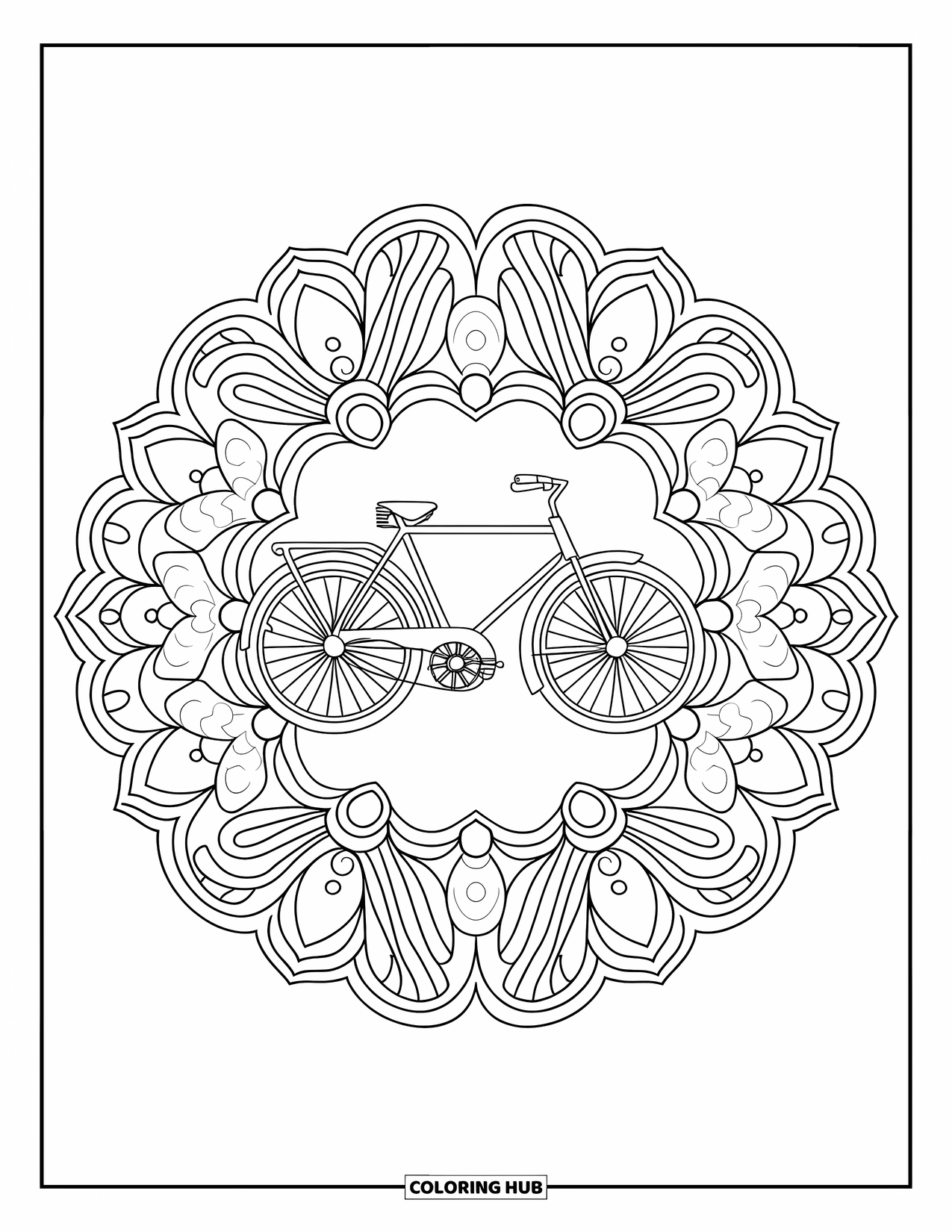 Bike Coloring Page for Adults: A mandala pattern with a classic bike at the center and intricate details