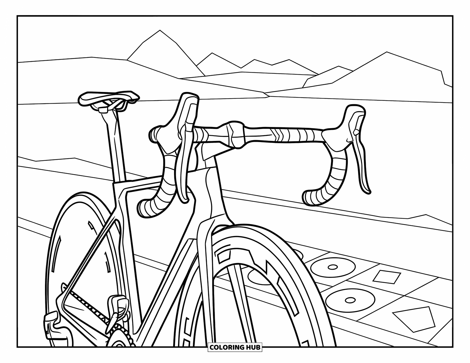 Bike Coloring Page for Adults: A sleek racing bike near geometric shapes with mountains and water behind