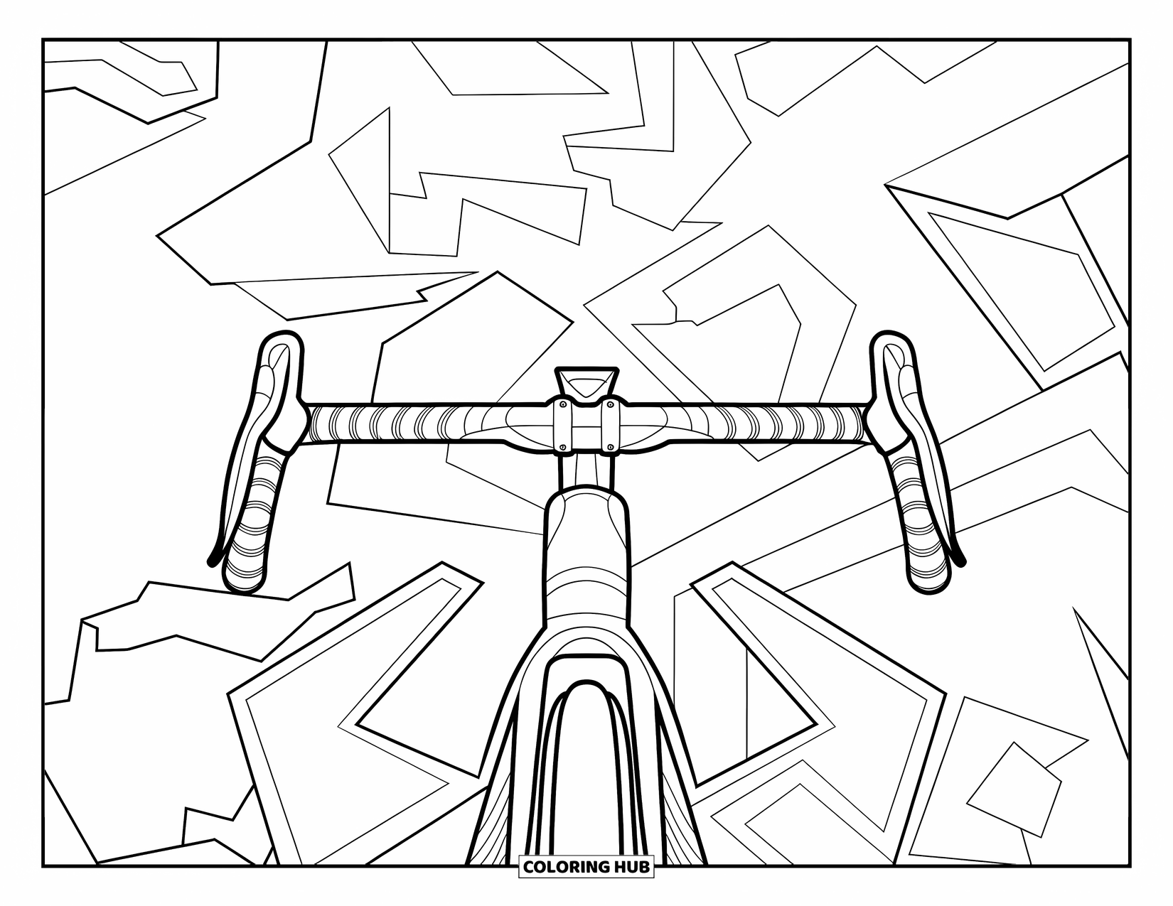 Bike Coloring Page for Adults: A sleek racing bike surrounded by geometric shapes and artistic patterns