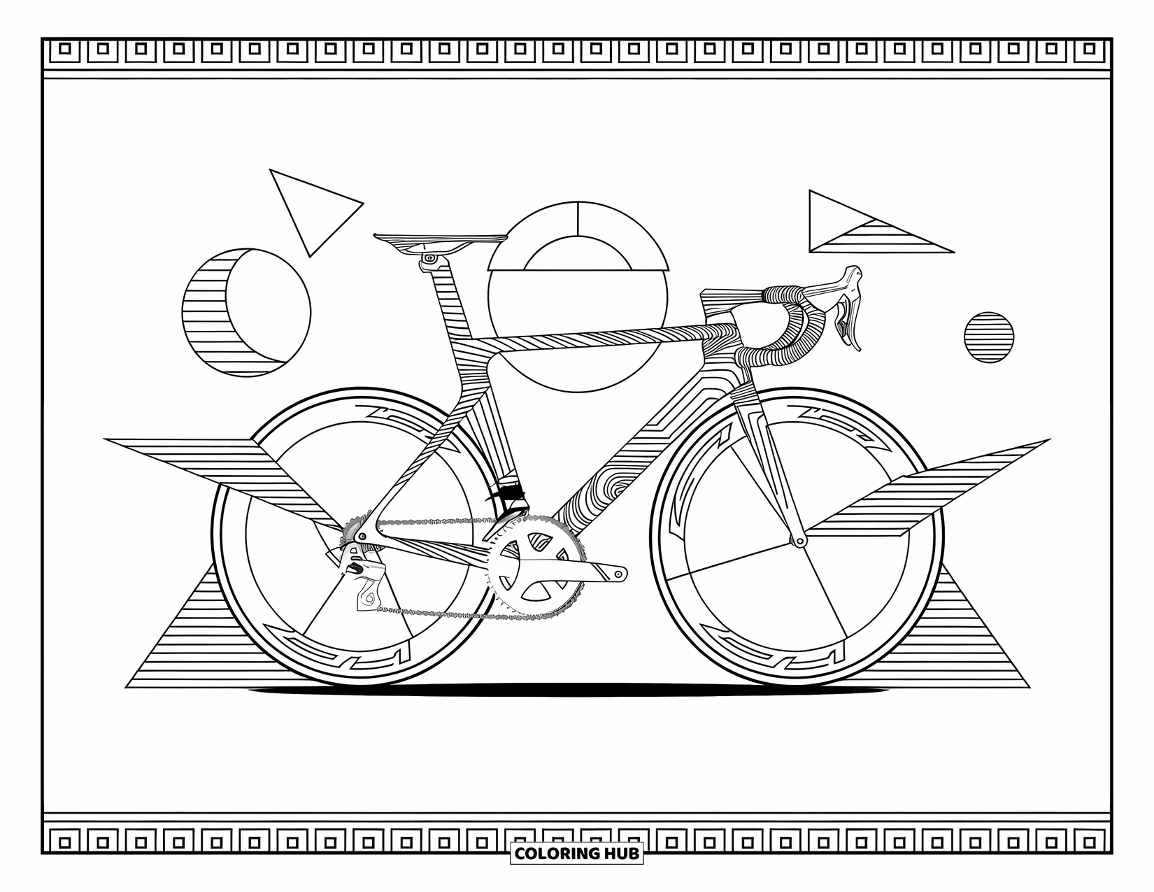 Bike Coloring Page for Adults: A sleek racing bike with aerodynamic handlebars among abstract geometric shapes and a border