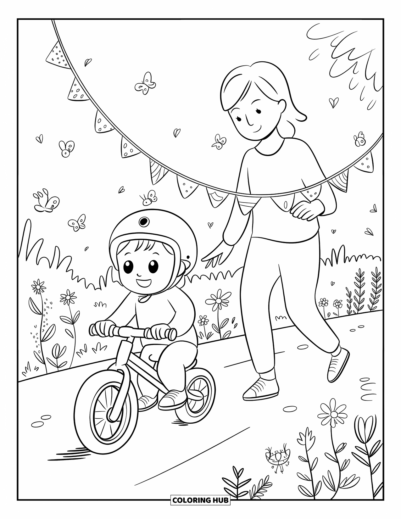 Bike Coloring Page for Adults: A smiling child on a balance bike with a parent holding tiny flags beside them