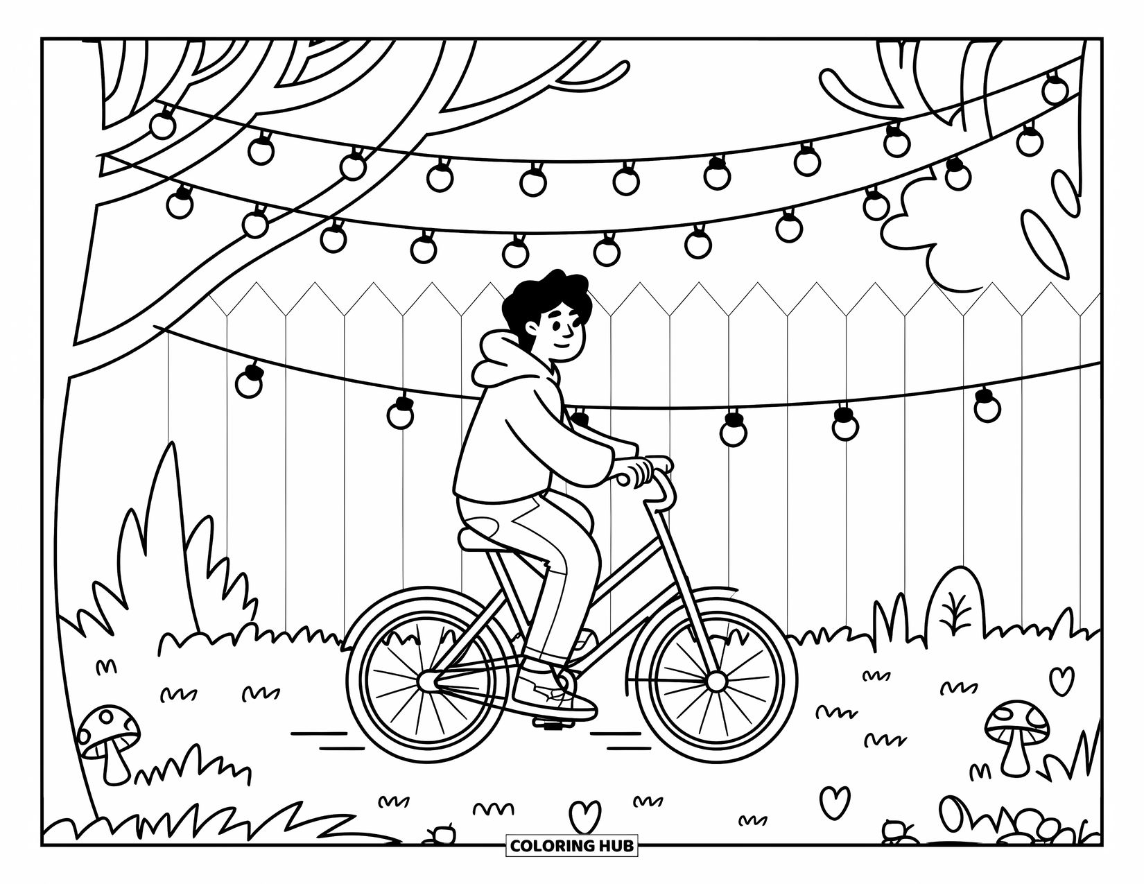 Bike Coloring Page for Adults: A teen bikes under fairy lights with mushrooms, hearts, stars, and a wooden fence