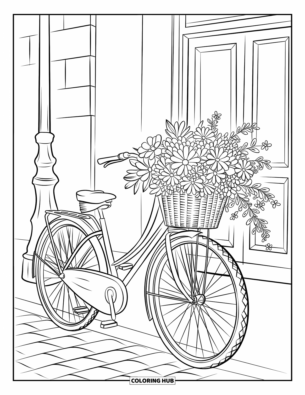 Bike Coloring Page for Adults: A vintage bike with flower bouquet near a lamp post and wooden door