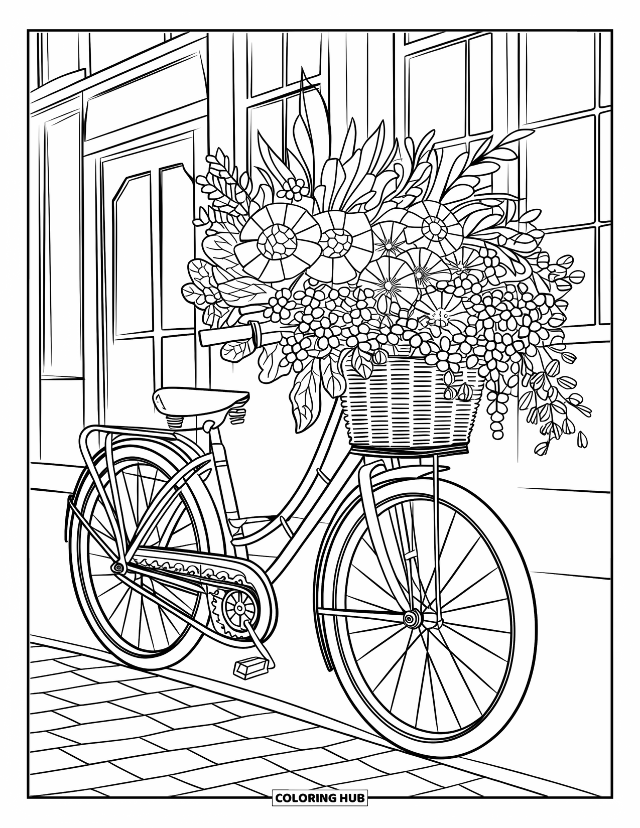 Bike Coloring Page for Adults: A vintage bike with wicker basket overflowing with flowers on cobblestones