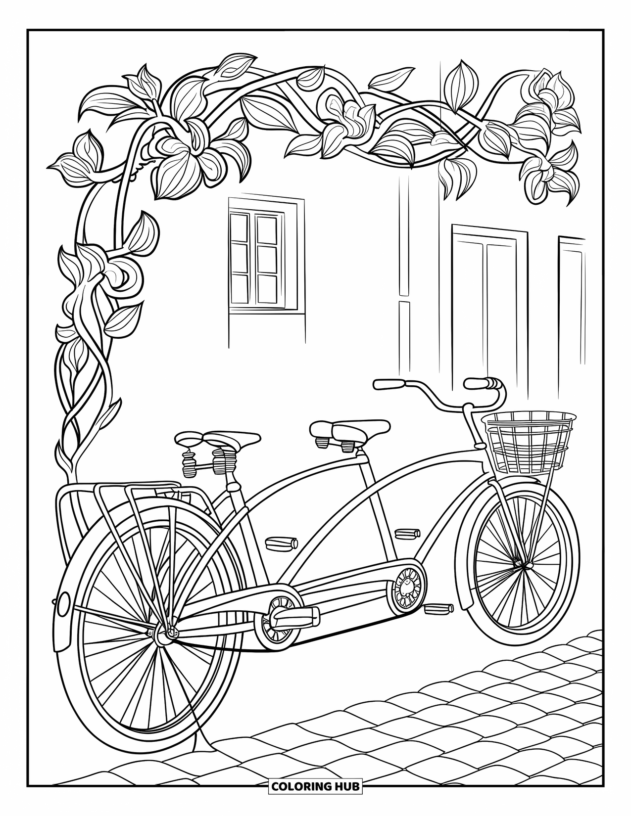 Bike Coloring Page for Adults: A vintage tandem bike with basket, rack, and floral frame on cobblestones