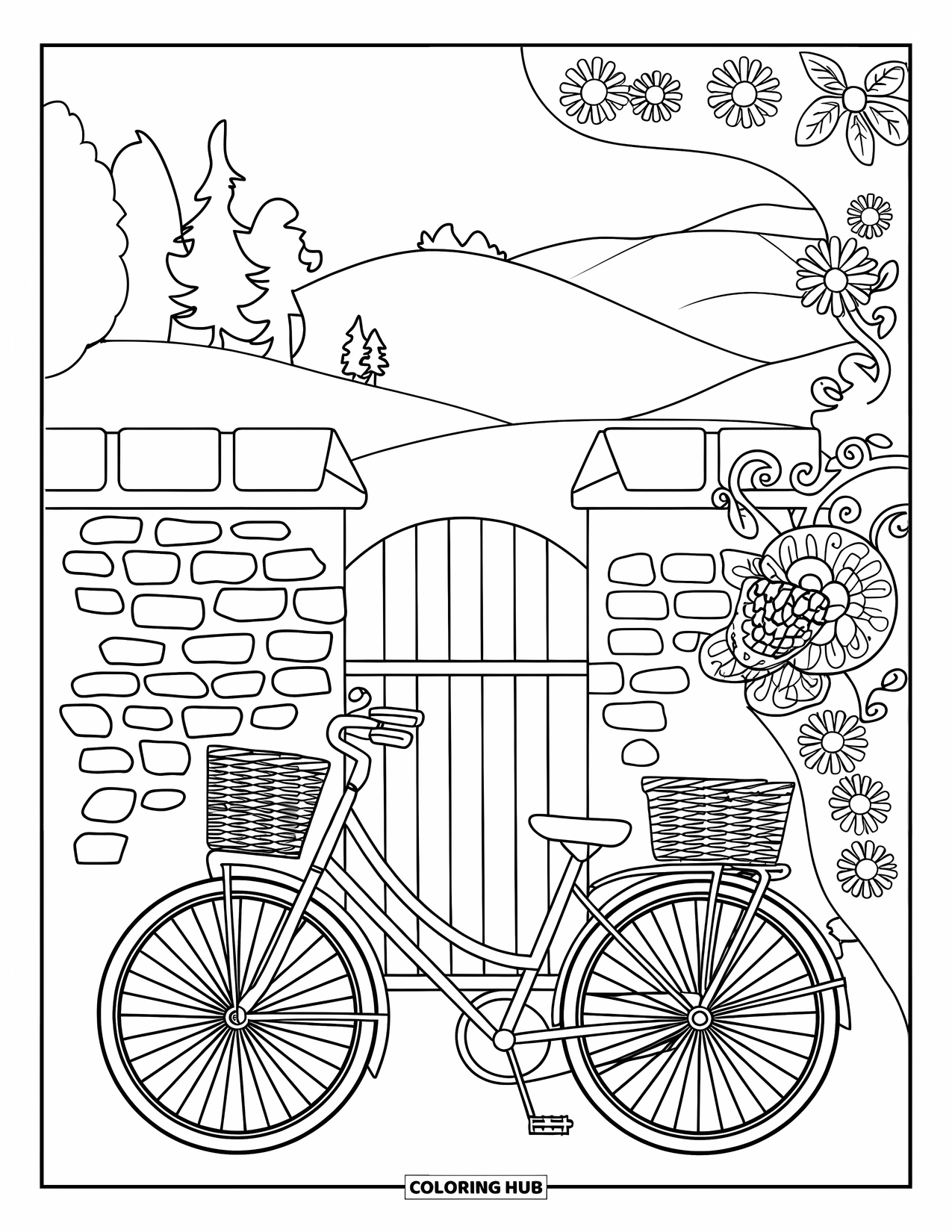Bike Coloring Page for Adults: An old-fashioned bike with picnic basket beside a cobblestone wall and ornate gate