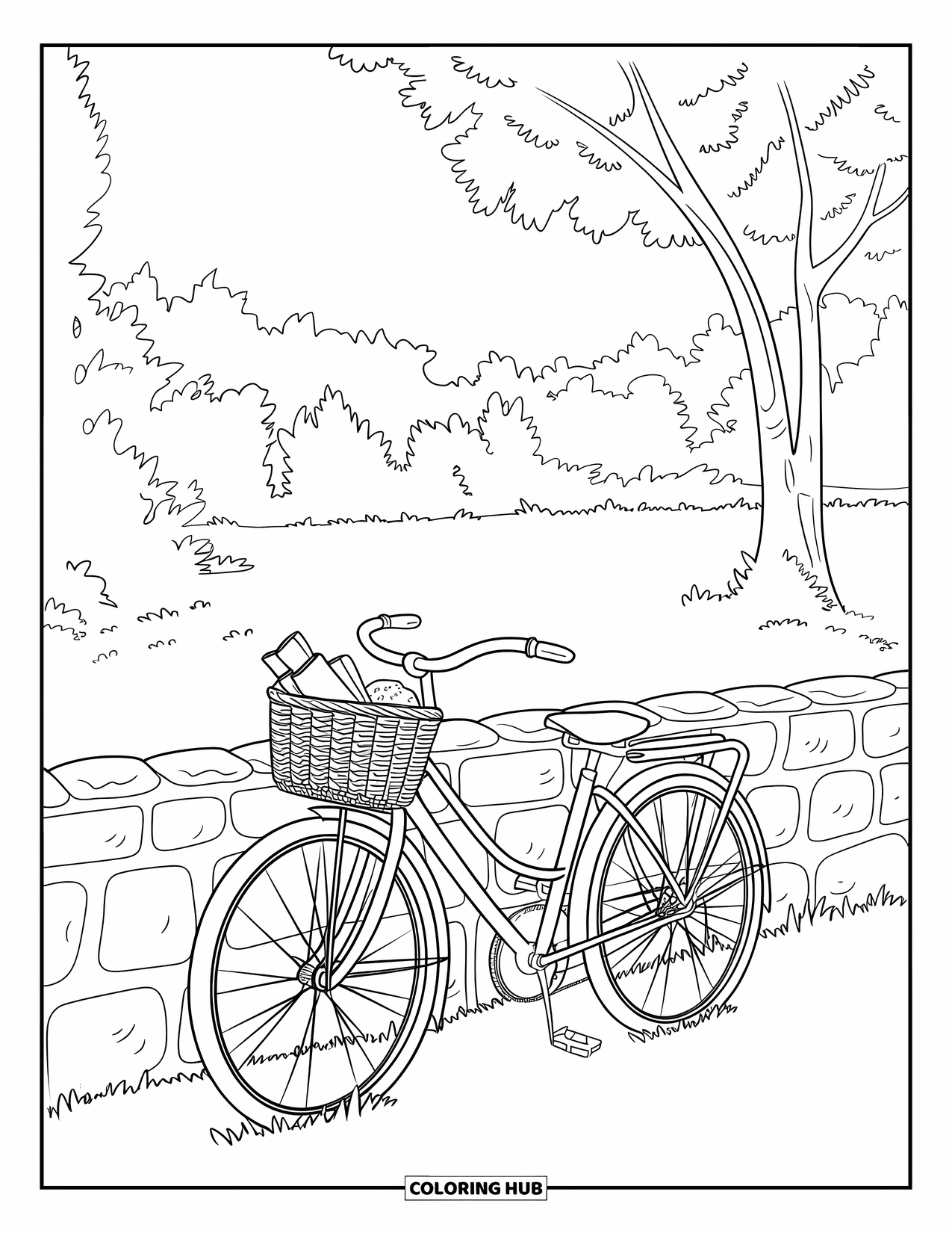 Bike Coloring Page for Adults: An old-fashioned bike with picnic basket by a cobblestone wall and nearby tree