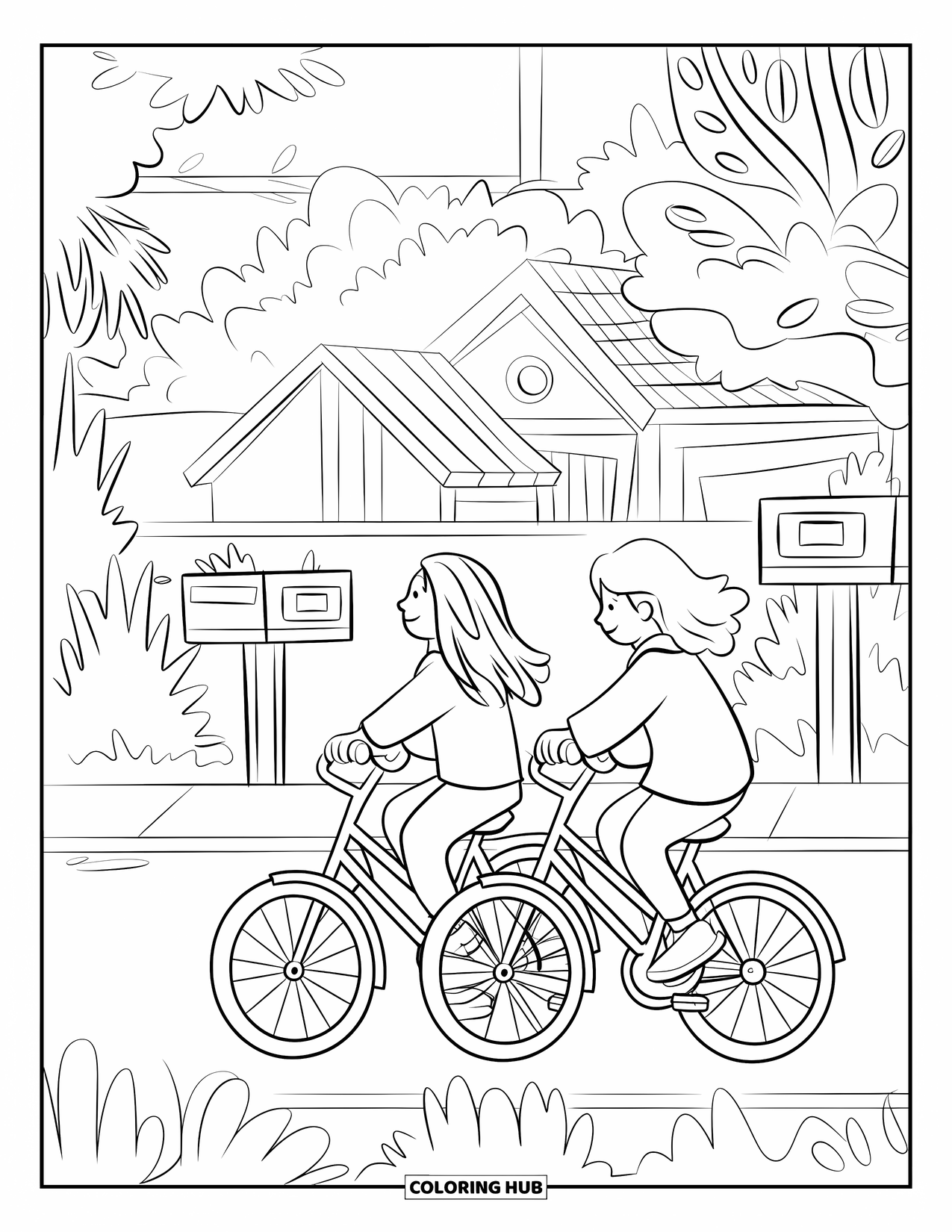 Bike Coloring Page for Adults: Two friends ride side by side past mailboxes and waving plants in a quiet street