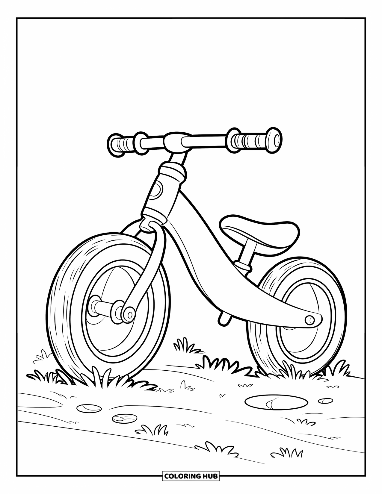 Bike Coloring Page for Kids: A basic balance bike with thick tires on grassy terrain under a clear sky