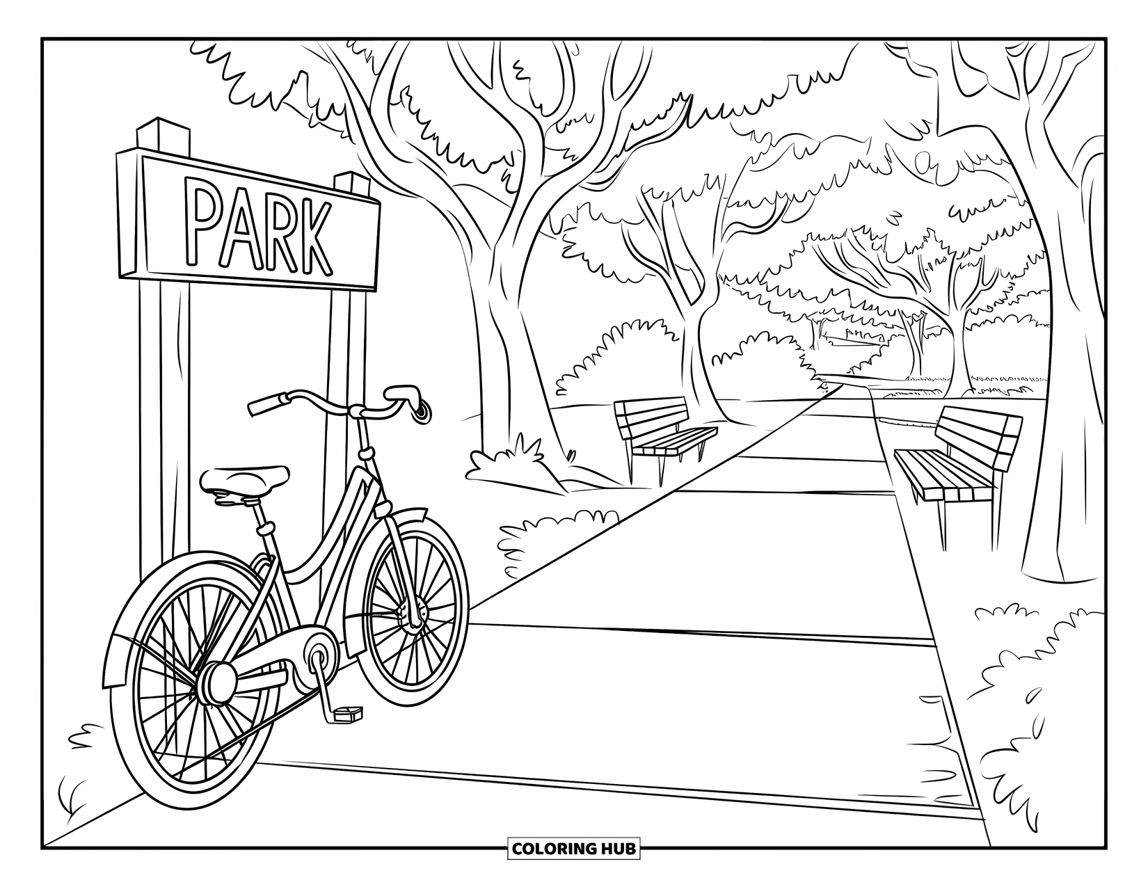 Bike Coloring Page for Kids: A bike near a wooden park signpost, benches, and a tree-lined path