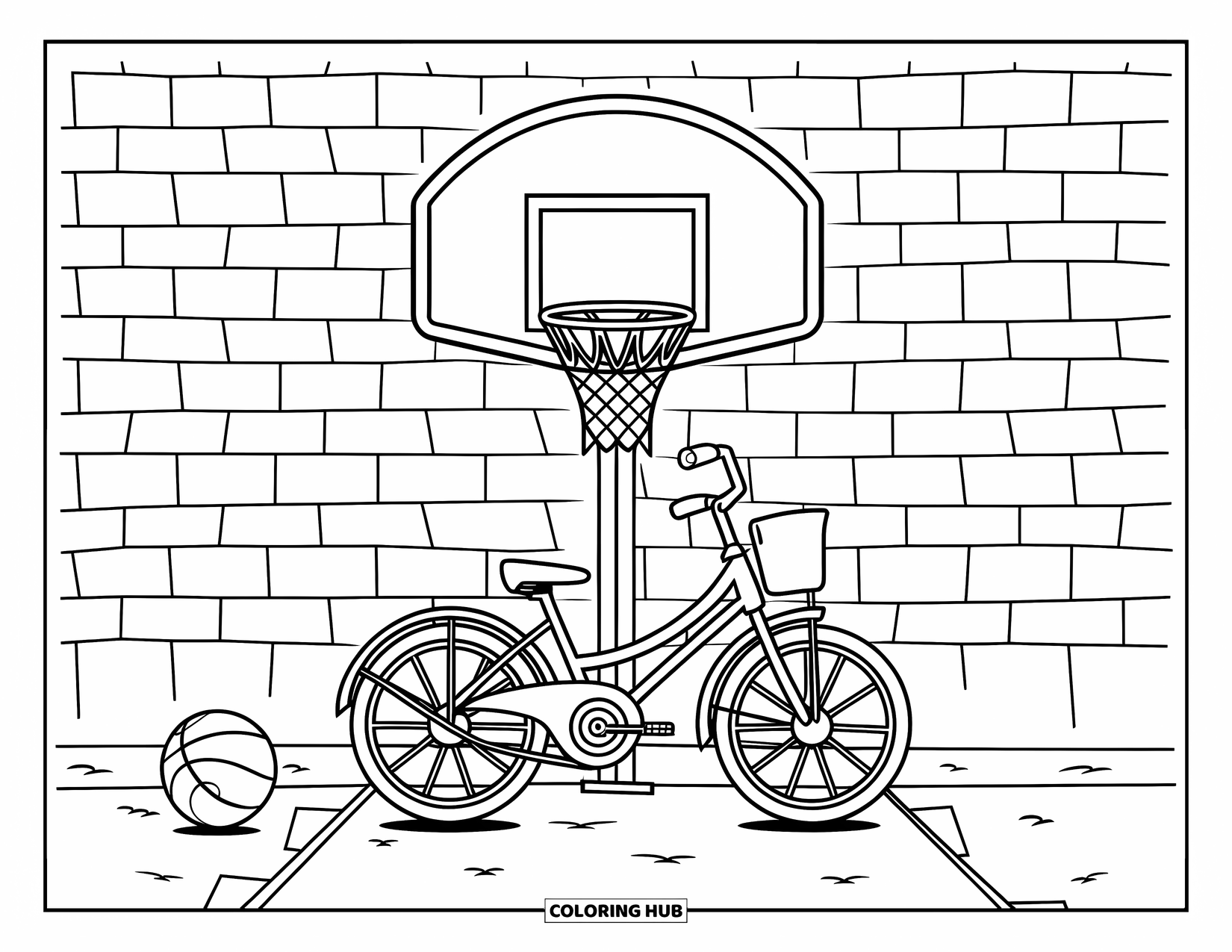 Bike Coloring Page for Kids: A bike with a basket beside a schoolyard basketball hoop and ball
