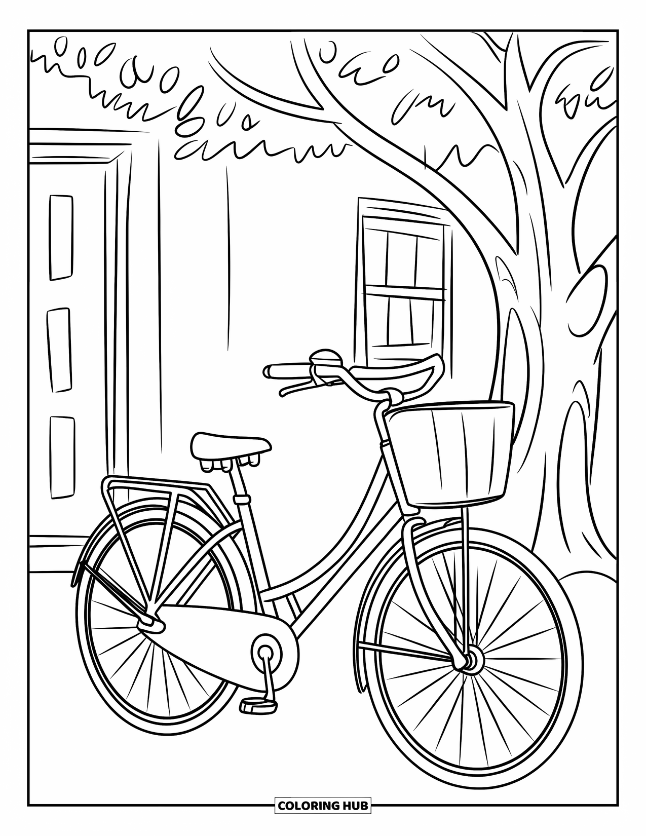 Bike Coloring Page for Kids: A bike with basket and bell parked next to a tree near a door and window