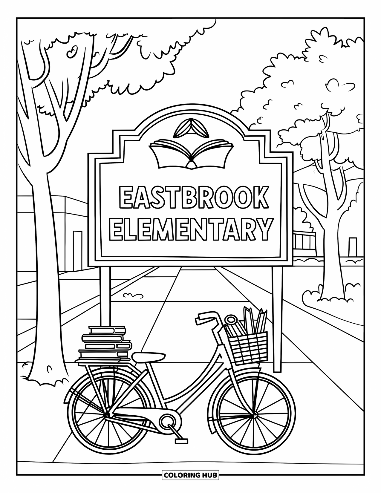 Bike Coloring Page for Kids: A bike with basket of books near a school sign and buildings with trees