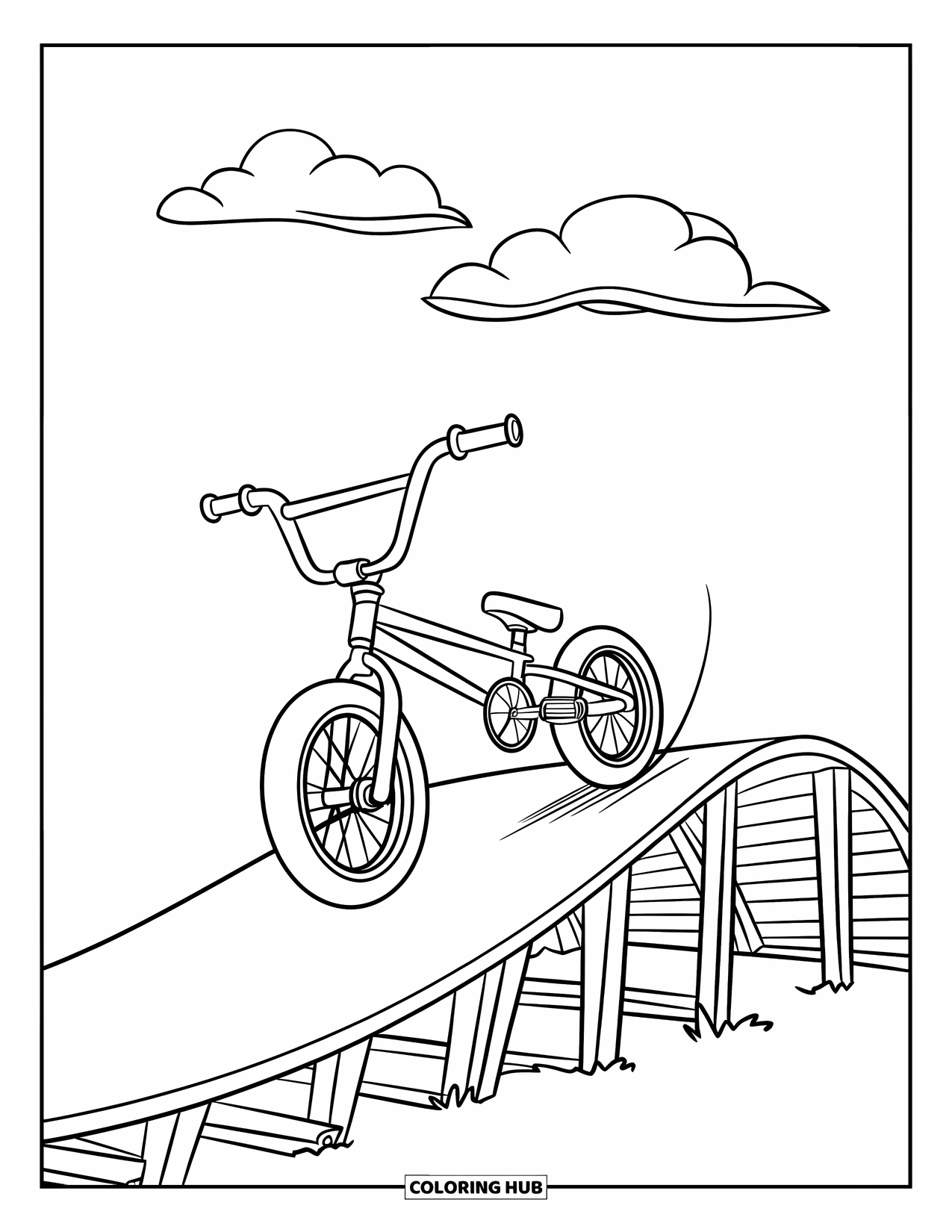 Bike Coloring Page for Kids: A BMX bike with basket and bell doing a jump on a ramp under clear sky