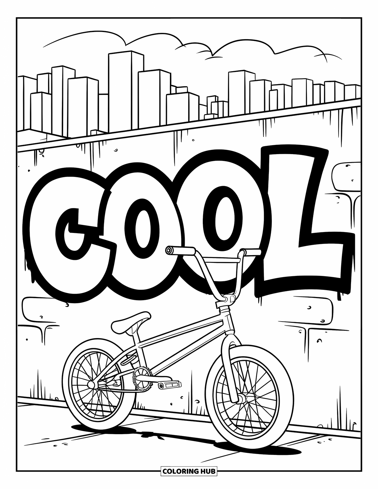 Bike Coloring Page for Kids: A BMX bike with pegs resting by a graffiti wall and city skyline