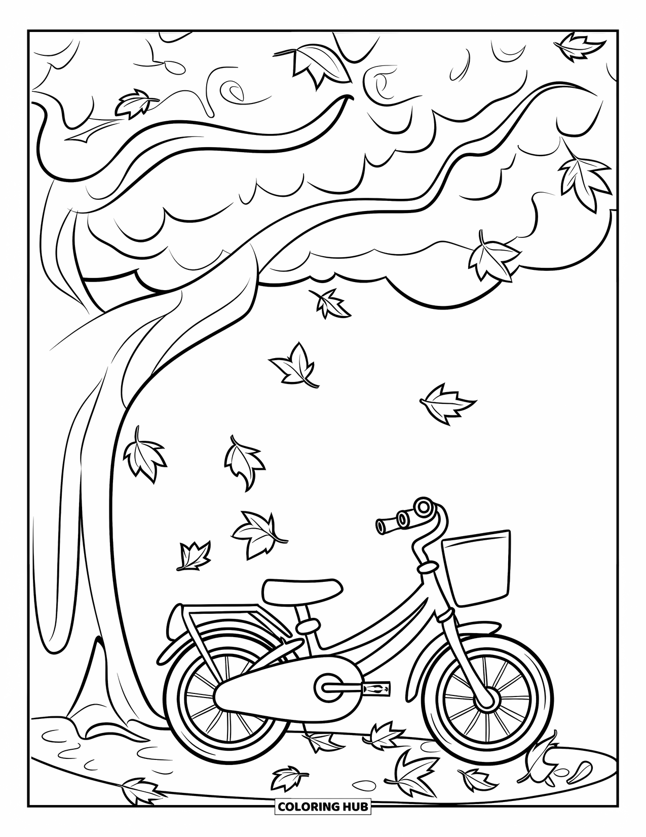 Bike Coloring Page for Kids: A child's bike with basket parked under a big tree with falling leaves